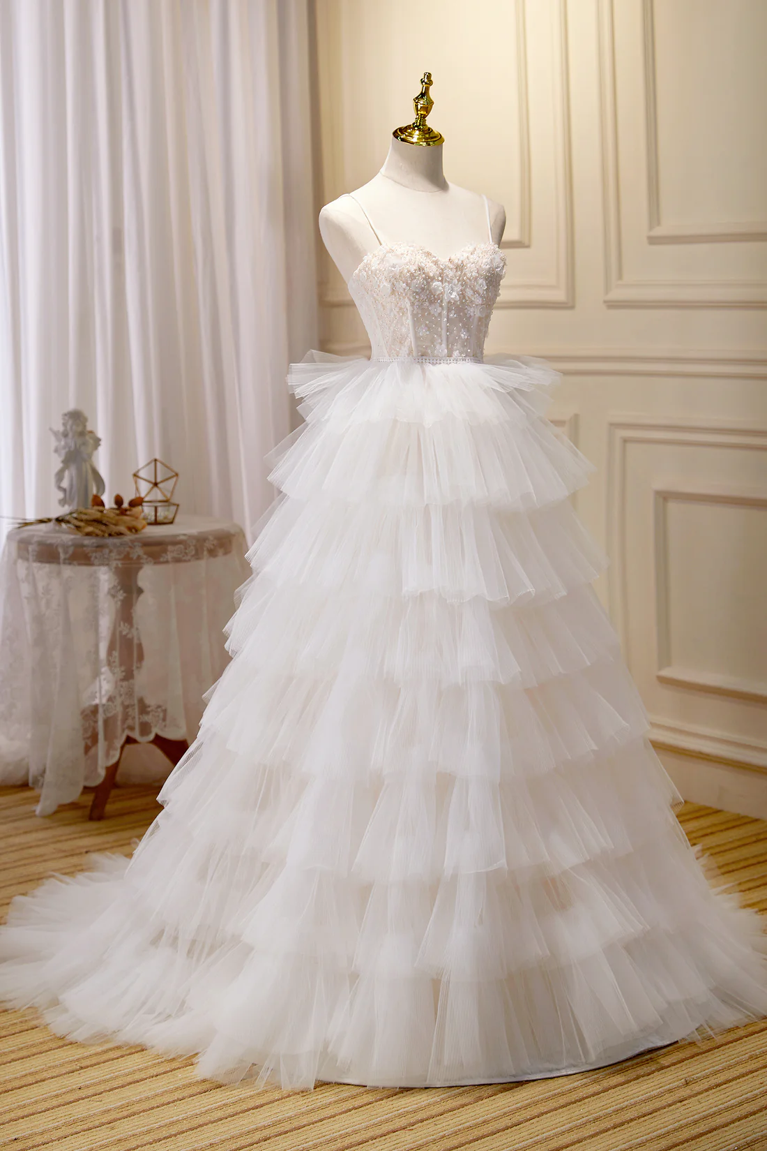 White Pretty Spaghetti Straps Appliques A-Line Tulle Layers Long Prom Dress Ball Gown,DP1351