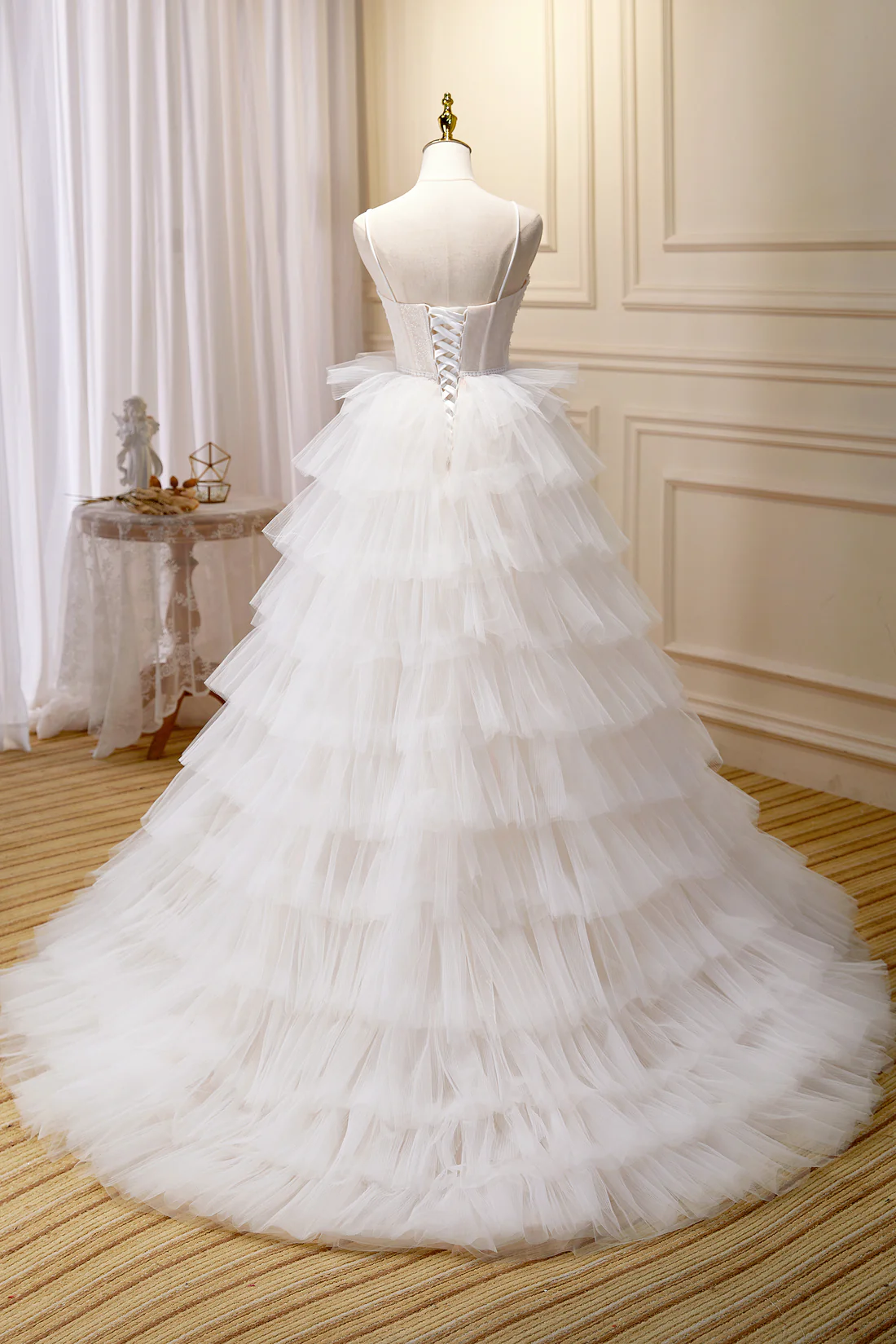 White Pretty Spaghetti Straps Appliques A-Line Tulle Layers Long Prom Dress Ball Gown,DP1351