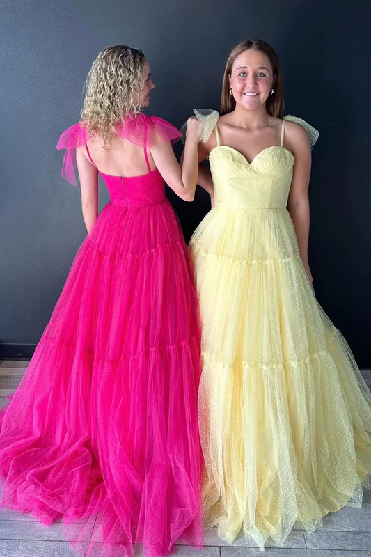 Hot Pink Sweetheart A-Line Dot Tulle Long Prom Dress Ball Gown,DP1388
