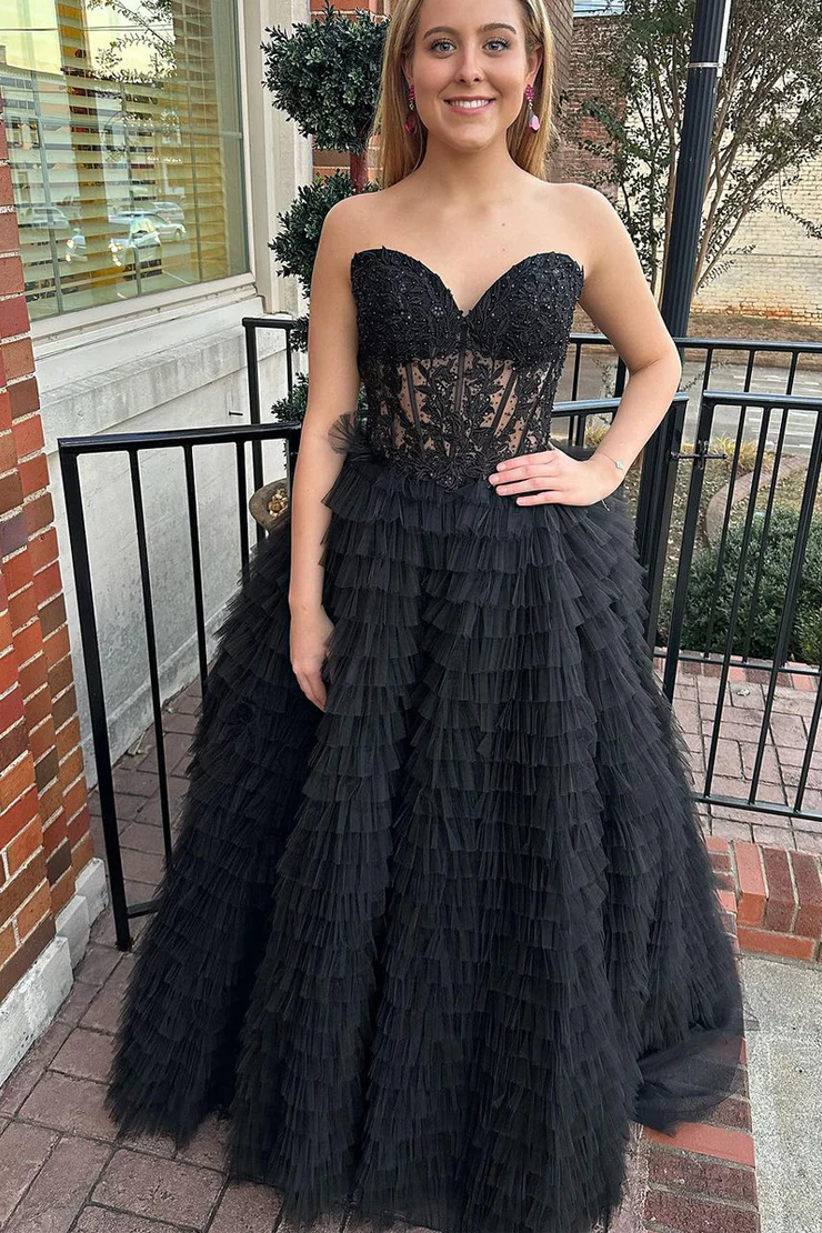 Black Sweatheart A-Line Tulle Tiered Ball Gown Long Prom Dress with Appliques,DP1391