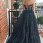 Black Sweatheart A-Line Tulle Tiered Ball Gown Long Prom Dress with Appliques,DP1391