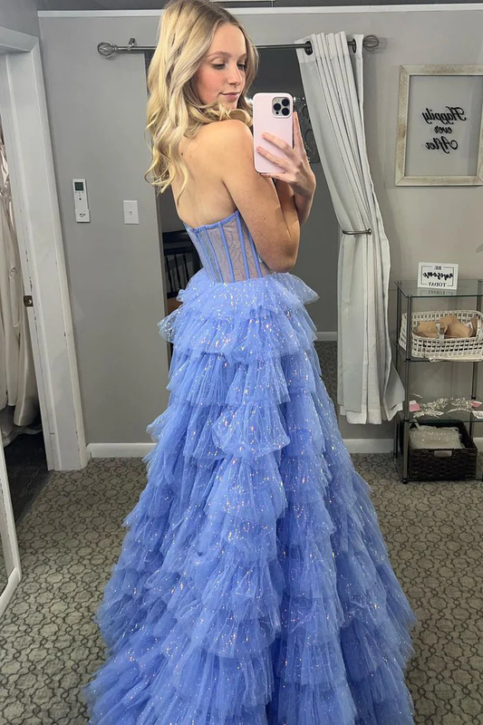 Cute Blue Sparkly Sweetheart Tulle Layers Ball Gown Long Prom Dress,DP1392