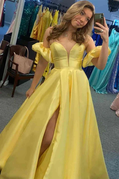 Yellow Sweatheart A-Line Satin Long Prom Dress with Slit,DP1400