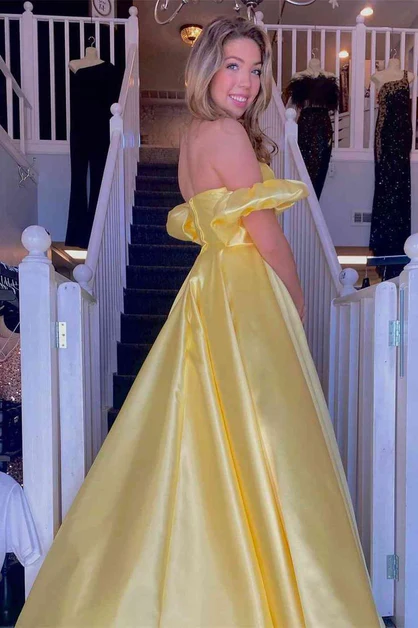 Yellow Sweatheart A-Line Satin Long Prom Dress with Slit,DP1400