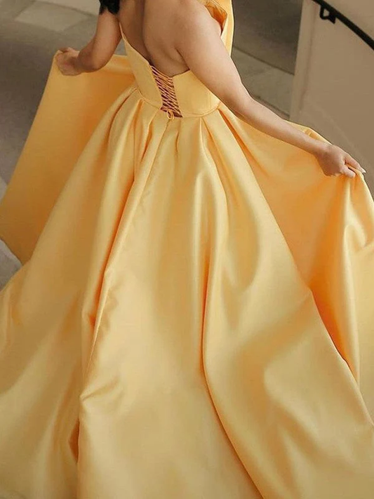 Yellow A-Line Satin Strapless Long Prom Dress With Slit,DP1415