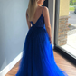 Royal Blue V Neck Beaded Long Prom Dress Formal Graduation Evening Dress,DP1418