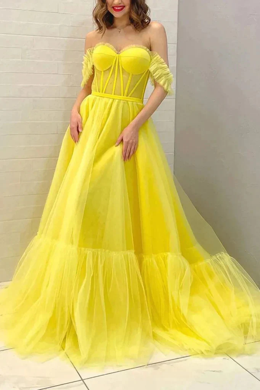Yellow Off Shoulder A-Line Tulle Long Prom Dress Evening Dress,DP1427