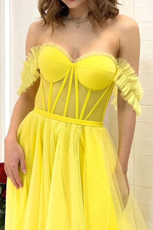 Yellow Off Shoulder A-Line Tulle Long Prom Dress Evening Dress,DP1427