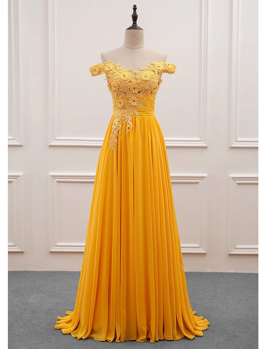 Yellow Off Shoulder A-Line Appliques Long Prom Dress Formal Party Dress,DP1461