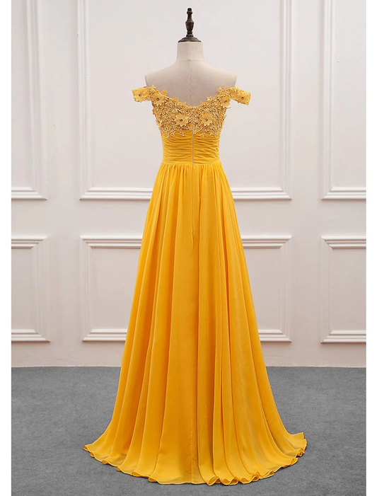Yellow Off Shoulder A-Line Appliques Long Prom Dress Formal Party Dress,DP1461