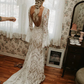White V Neck Backless Long Sleeves Mermaid Lace Wedding Dress,DP1464