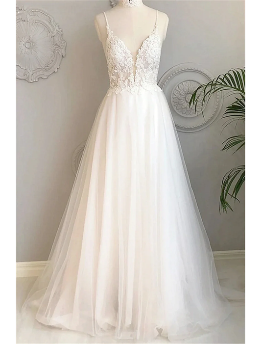 White A-Line Deep V Neck Backless Long Prom Dress Wedding Dress,DP1465
