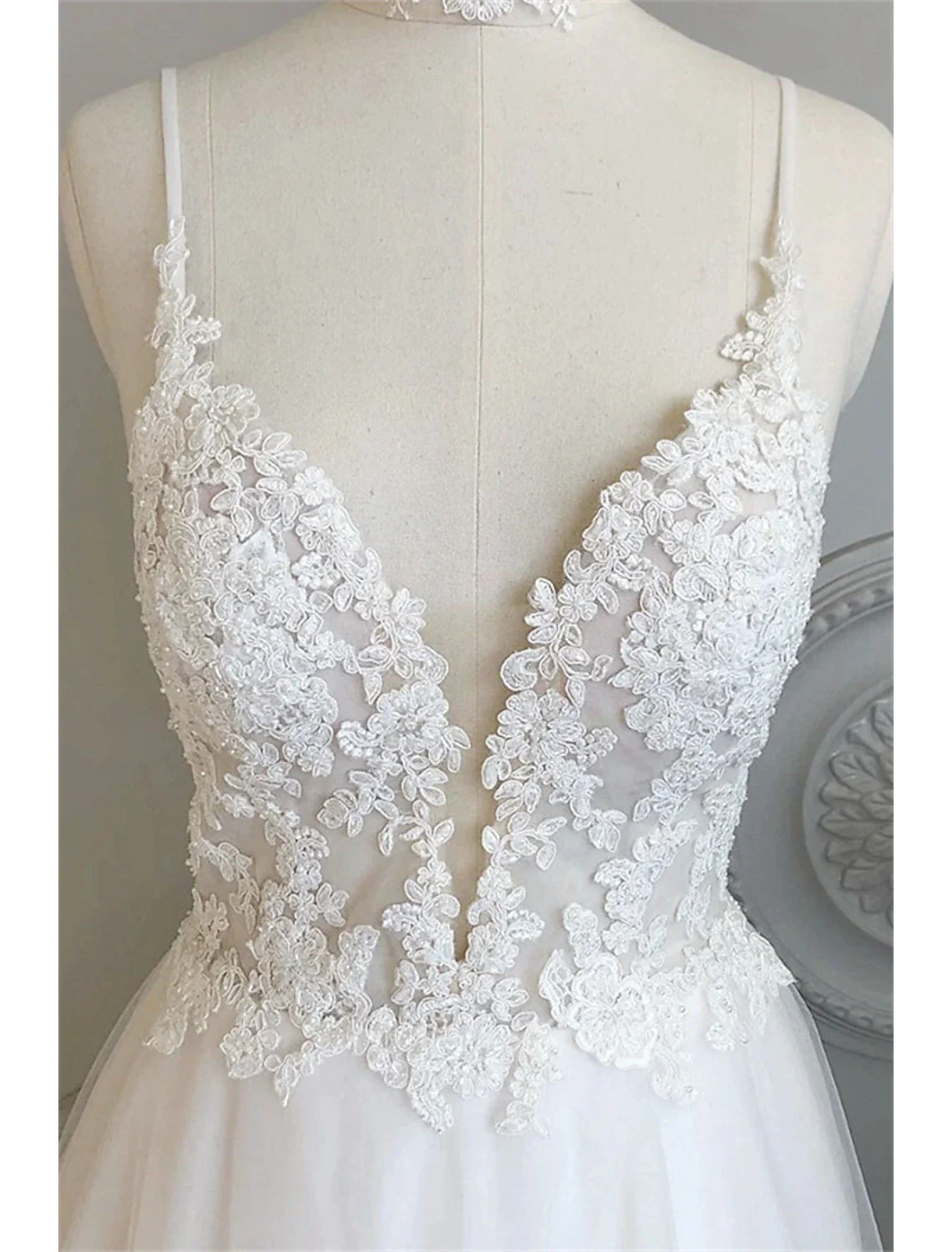 White A-Line Deep V Neck Backless Long Prom Dress Wedding Dress,DP1465