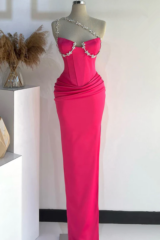 Hot Pink One Shoulder Beading Mermaid Long Prom Dress,DP1466
