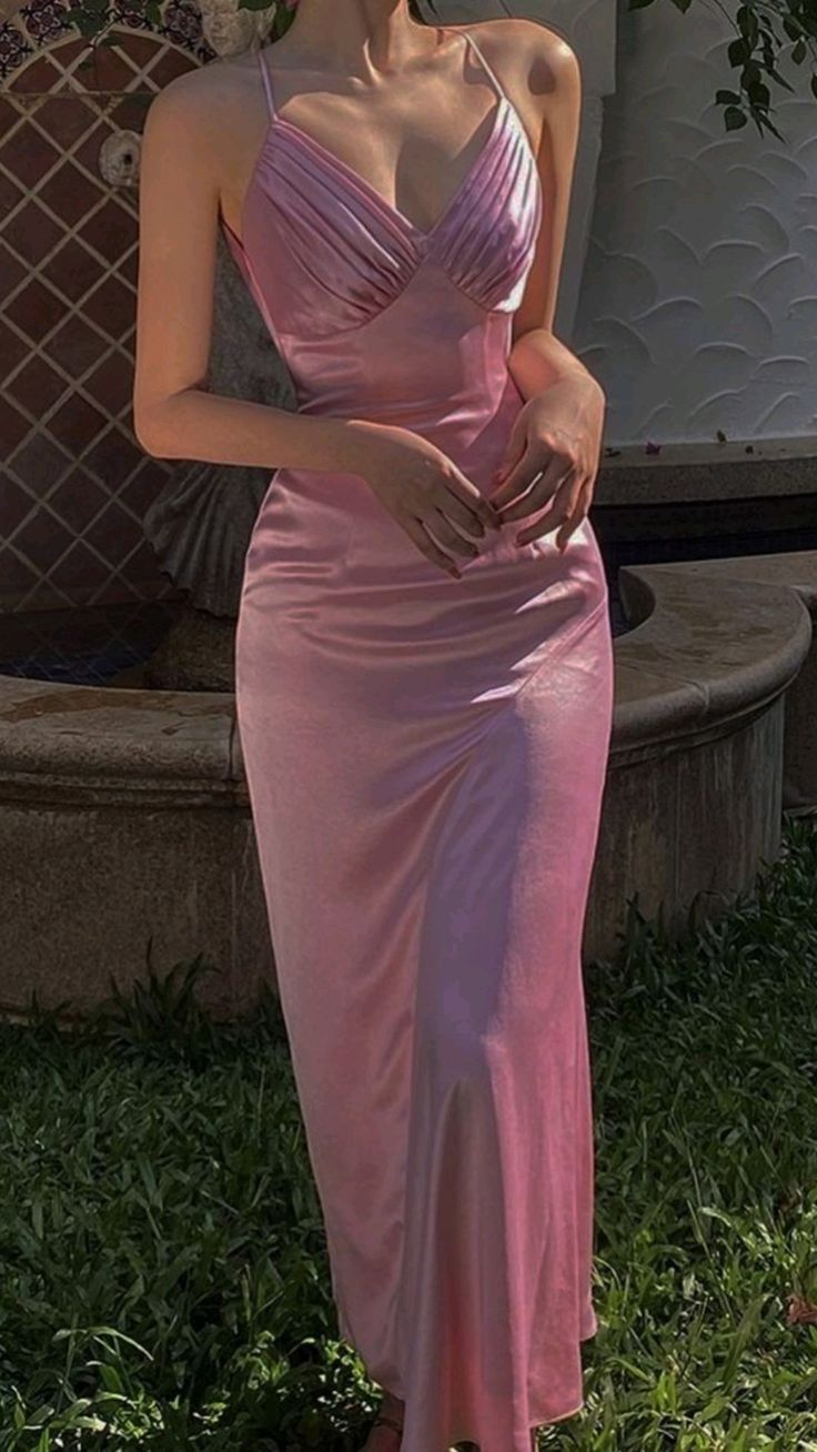 Pink V Neck Satin Long Prom Dress Wedding Guest Dress,DP1481