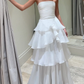 White Strapless A-Line Layers Long Prom Dress Light Wedding Dress,DP1497