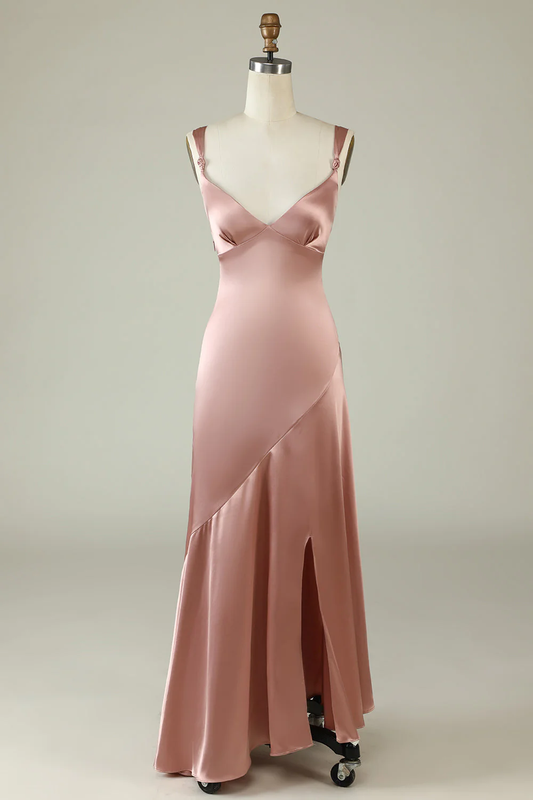 Pink V Neck Straps Satin Long Prom Dress Wedding Guest Dress,DP1504