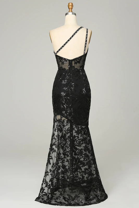 Black One Shoulder Backless Sequins Lace Long Prom Dress,DP1521