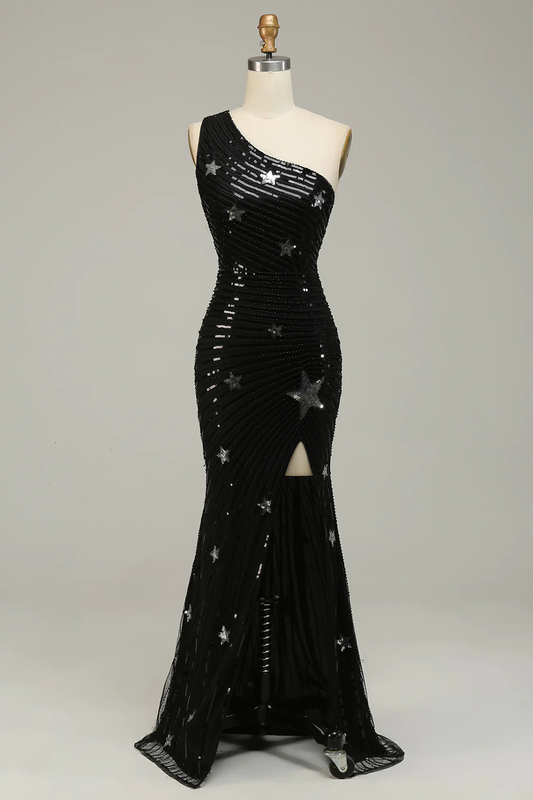 Black One Shoulder Star Sequins Mermaid Long Prom Dress,DP1524