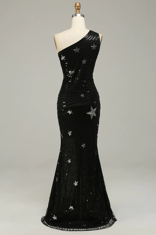 Black One Shoulder Star Sequins Mermaid Long Prom Dress,DP1524