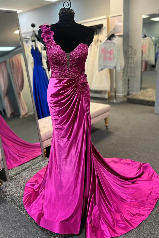 Fuchsia One Shoulder Ruched Mermaid Long Prom Dress with 3D Flowers,DP1549