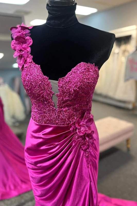 Fuchsia One Shoulder Ruched Mermaid Long Prom Dress with 3D Flowers,DP1549