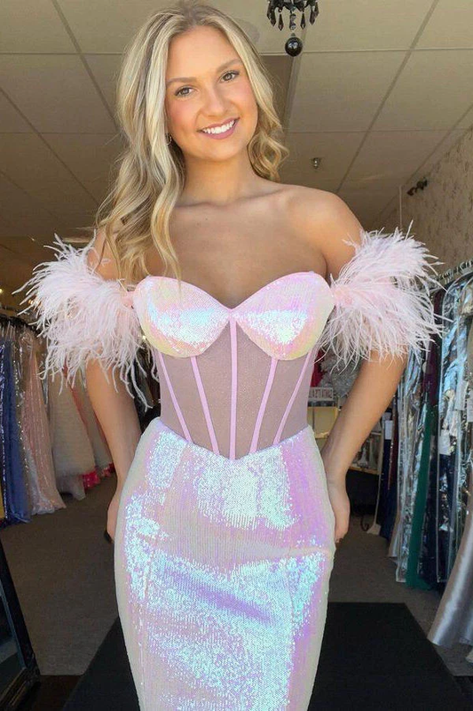 Sweetheart Pink Off the Shoulder Feathered Mermaid Long Prom Dress,DP1553