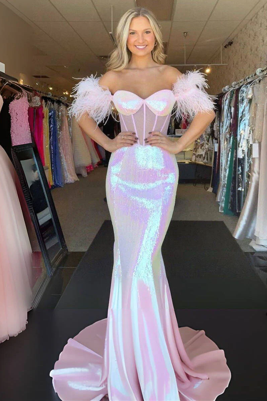 Sweetheart Pink Off the Shoulder Feathered Mermaid Long Prom Dress,DP1553