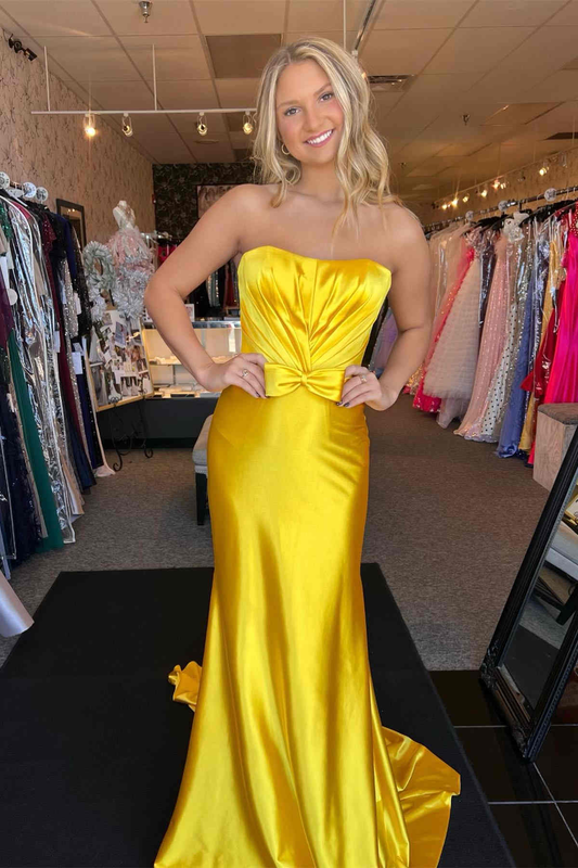 Yellow Strapless Pleated Bow Mermaid Long Prom Dress,DP1555