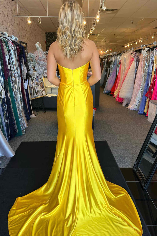 Yellow Strapless Pleated Bow Mermaid Long Prom Dress,DP1555