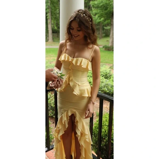 Yellow Spaghetti Straps Sheath Ruffle Party Dress Wedding Guest Dress,DP1561
