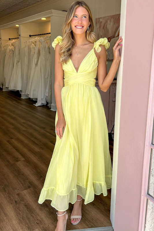 Yellow Lace-Up Plinging V-Neck A-Line Cute Prom Dress,DP1568