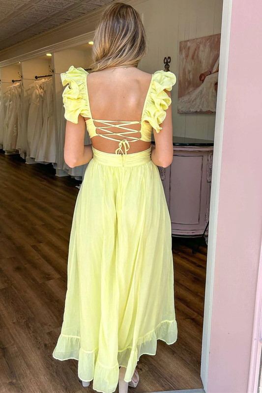 Yellow Lace-Up Plinging V-Neck A-Line Cute Prom Dress,DP1568