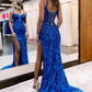 Royal Blue Sequins Tulle Mermaid Long Prom Dress with High Slit,DP1588