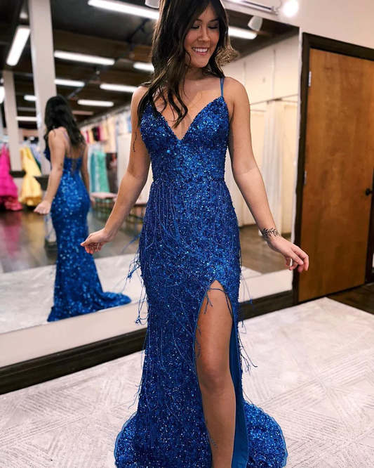 Royal Blue Spaghetti Straps Sequined Mermaid Long Prom Dress with Slit,DP1590