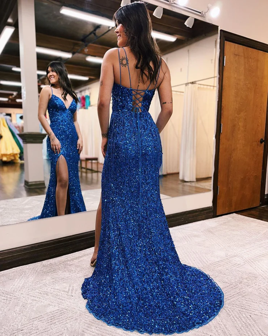 Royal Blue Spaghetti Straps Sequined Mermaid Long Prom Dress with Slit,DP1590