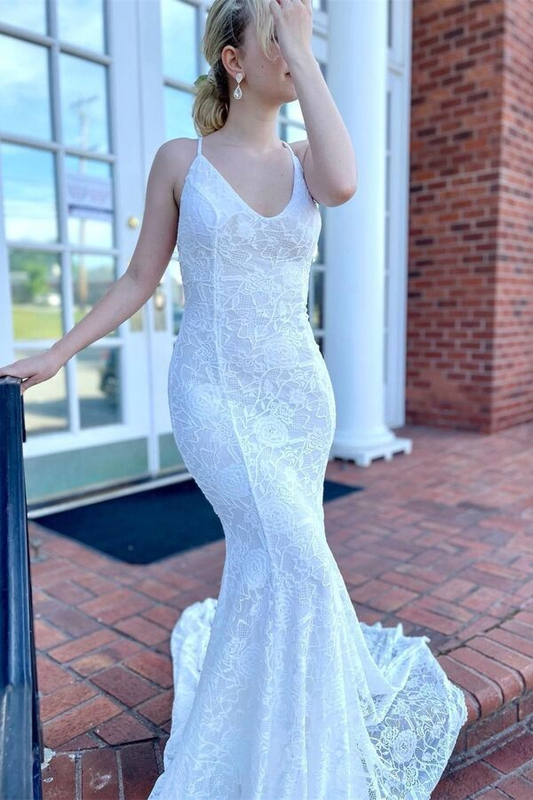 White Spaghetti Straps Lace Mermaid Long Prom Dress Light Wedding Dress,DP1599