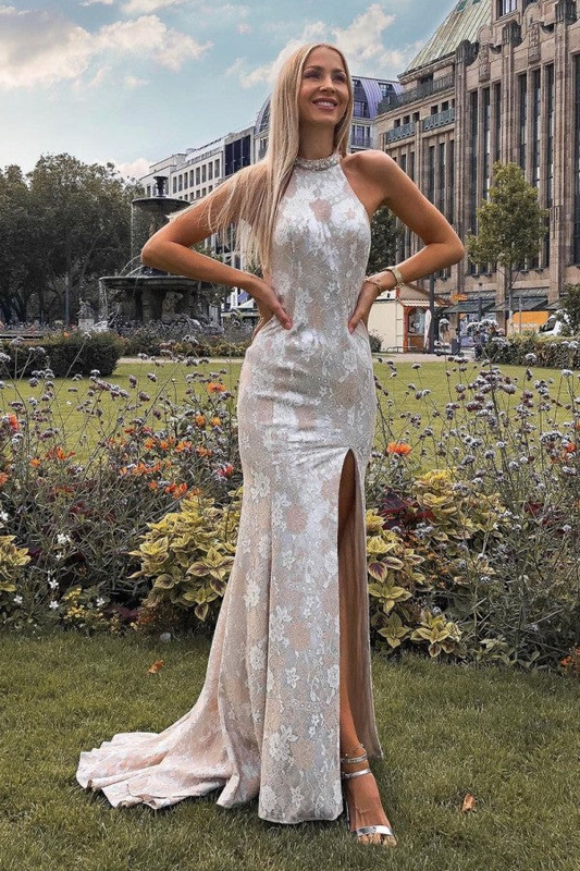 Sexy Halter Backless Lace Long Prom Dress with Slit,DP1603