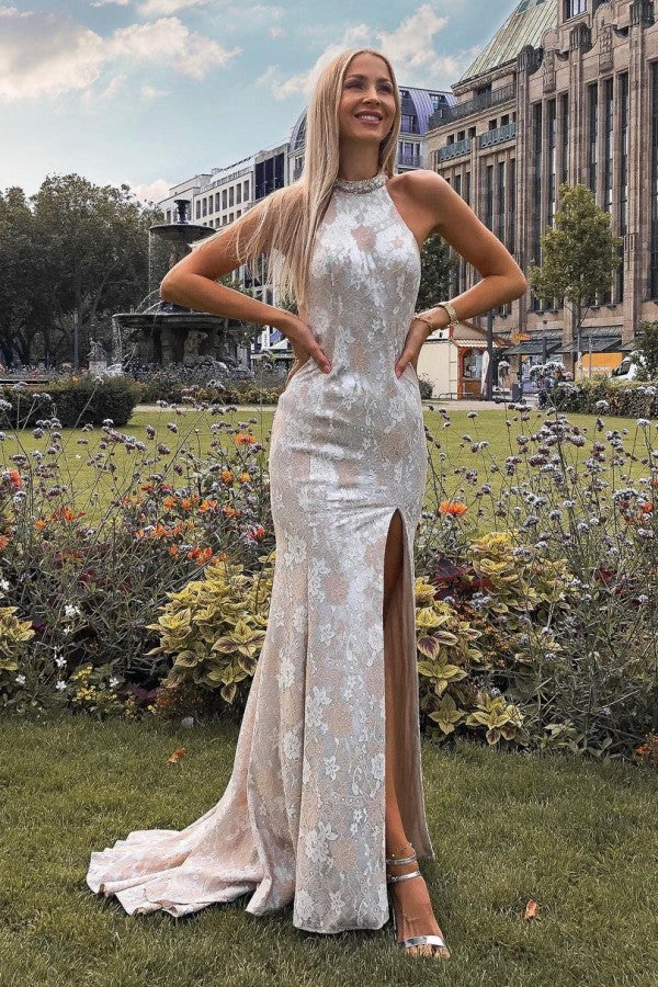 Sexy Halter Backless Lace Long Prom Dress with Slit,DP1603