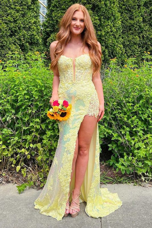 Yellow Spaghetti Straps Sequins Appliques Long Prom Dress with Slit,DP1615