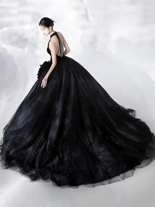 Black Halter A-Line Shiny Tulle Long Party Dress Ball Gown,DP1661