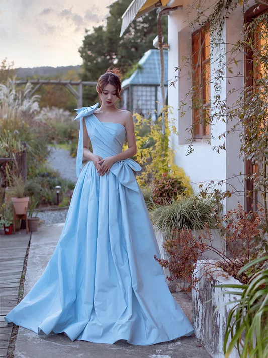 Blue Satin One Shoulder A-Line Evening Party Dress Long Prom Dress,DP1710