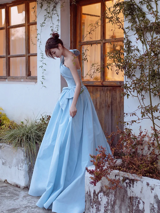 Blue Satin One Shoulder A-Line Evening Party Dress Long Prom Dress,DP1710