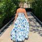 Blue Printed A-Line Strapless Long Prom Dress,DP1724