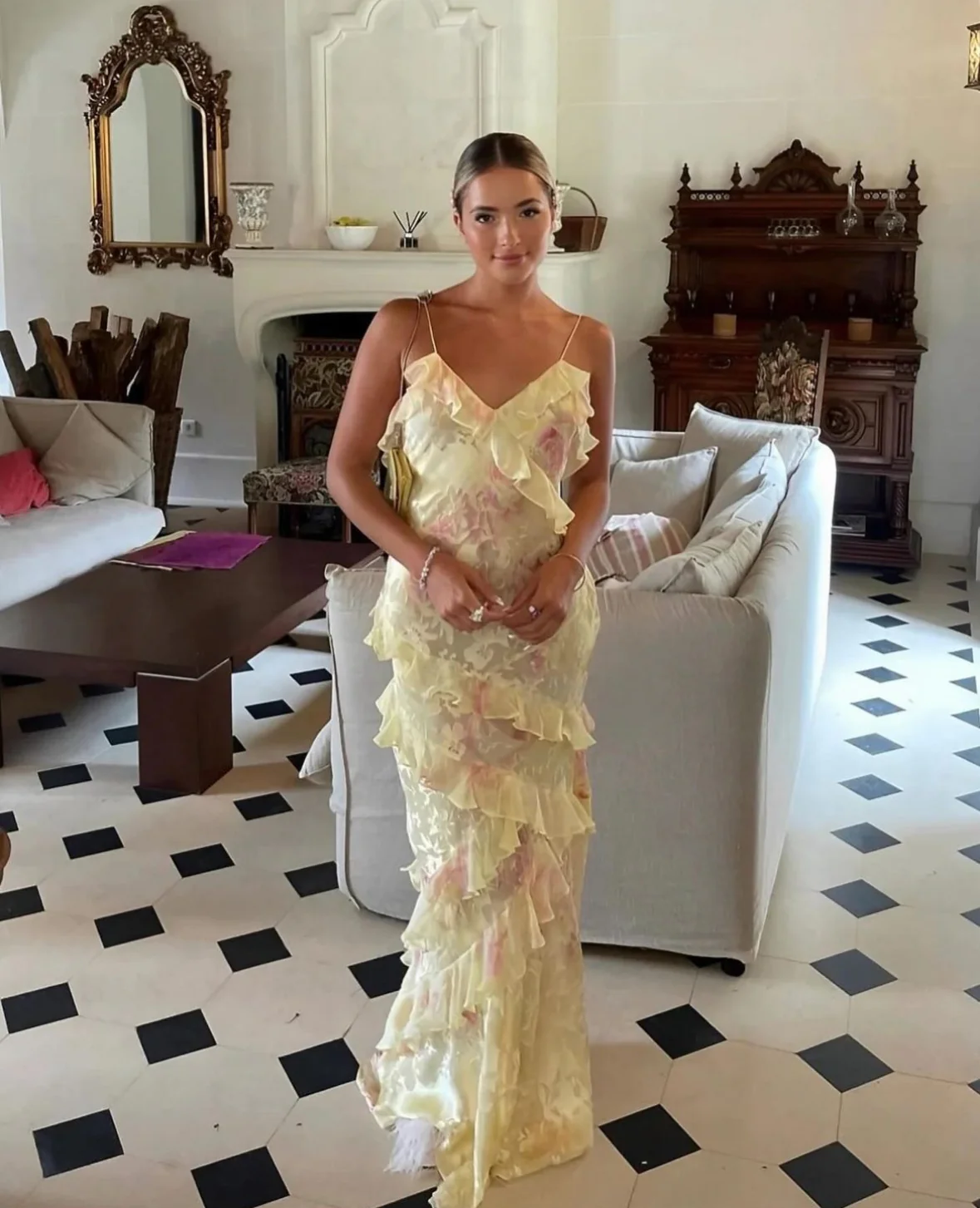 Yellow Spaghetti Straps Ruffle Long Prom Dress with Ruffles,DP1725