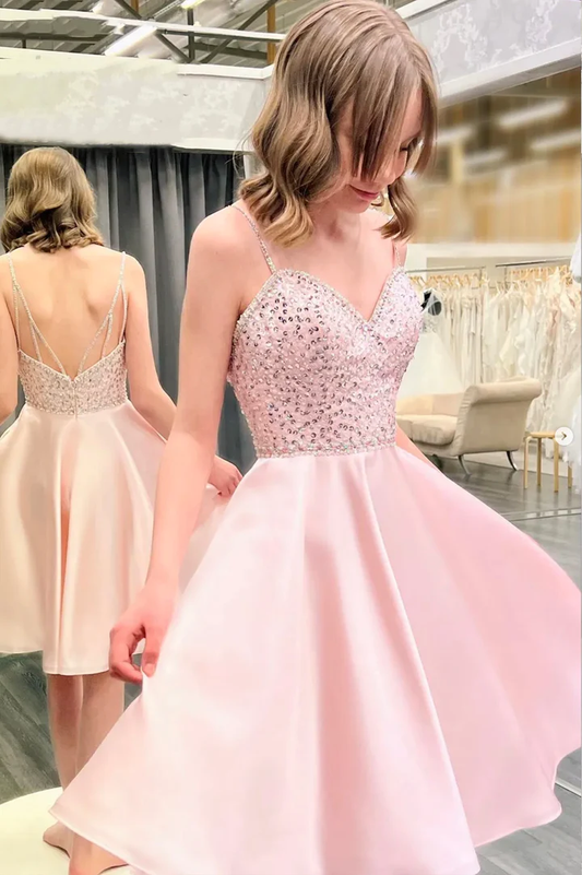 Pink Straps Sequins Backless Short Cute Party Dress Homecoming Dress,DP1743