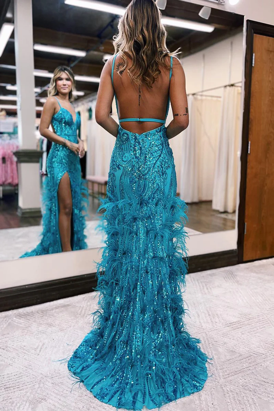 Jade Sequined V Neck Feather Long Prom Dress with Slit,DP1752