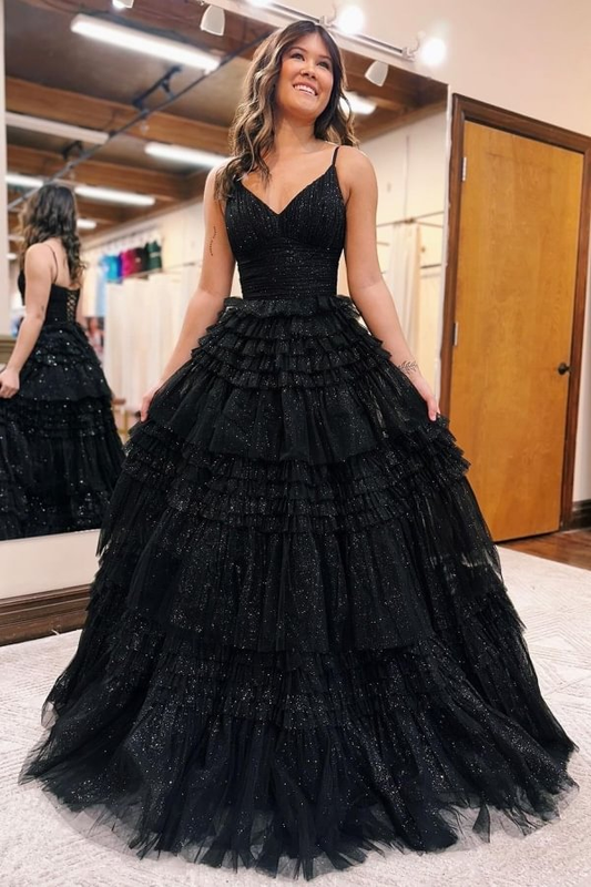Sparkly Black V Neck Tulle Tiered Long Prom Dress Evening Gown,DP1755