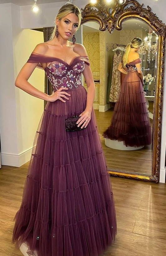 Dark Purple Off Shoulder A-Line Tulle Long Prom Dress,DP1774