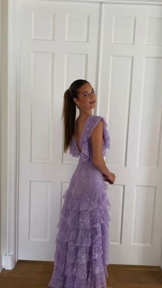 Elegant Purple Open Back Lace Layers Long prom Dress,DP1777